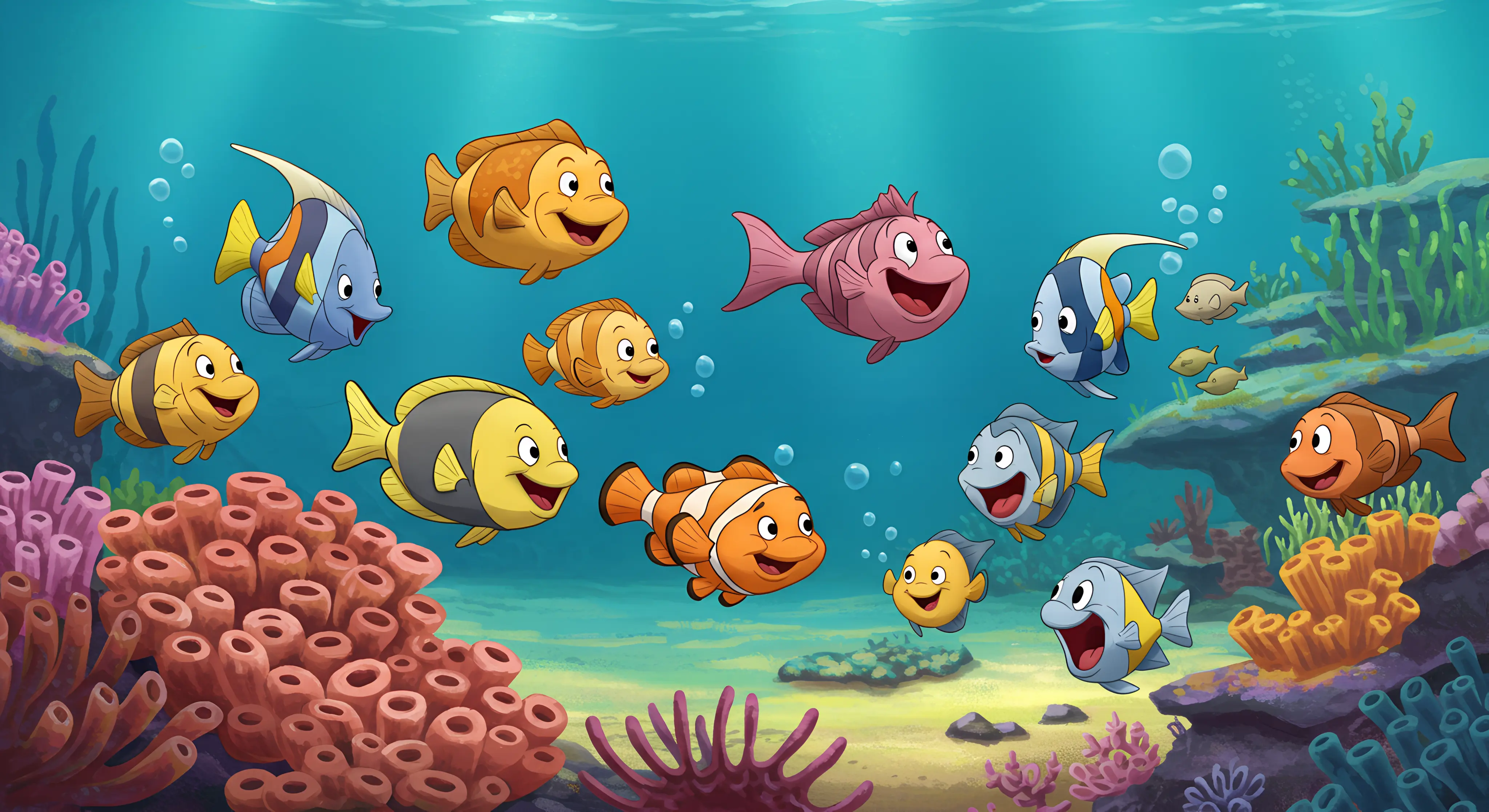 Shoal of diverse fish swimming together