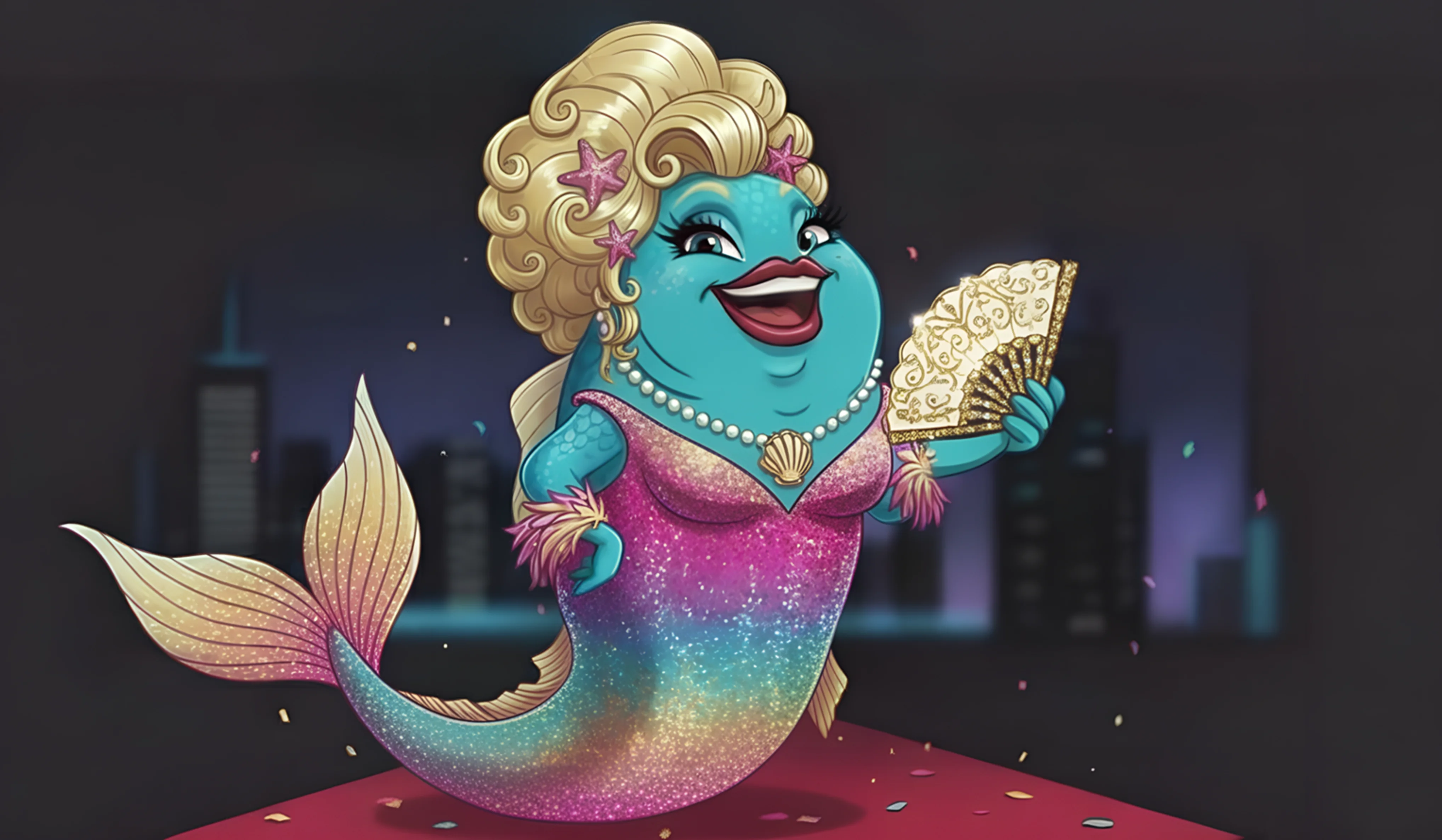 A drag queen fish with a fabulous hairstyle and outfit is striking a pose.